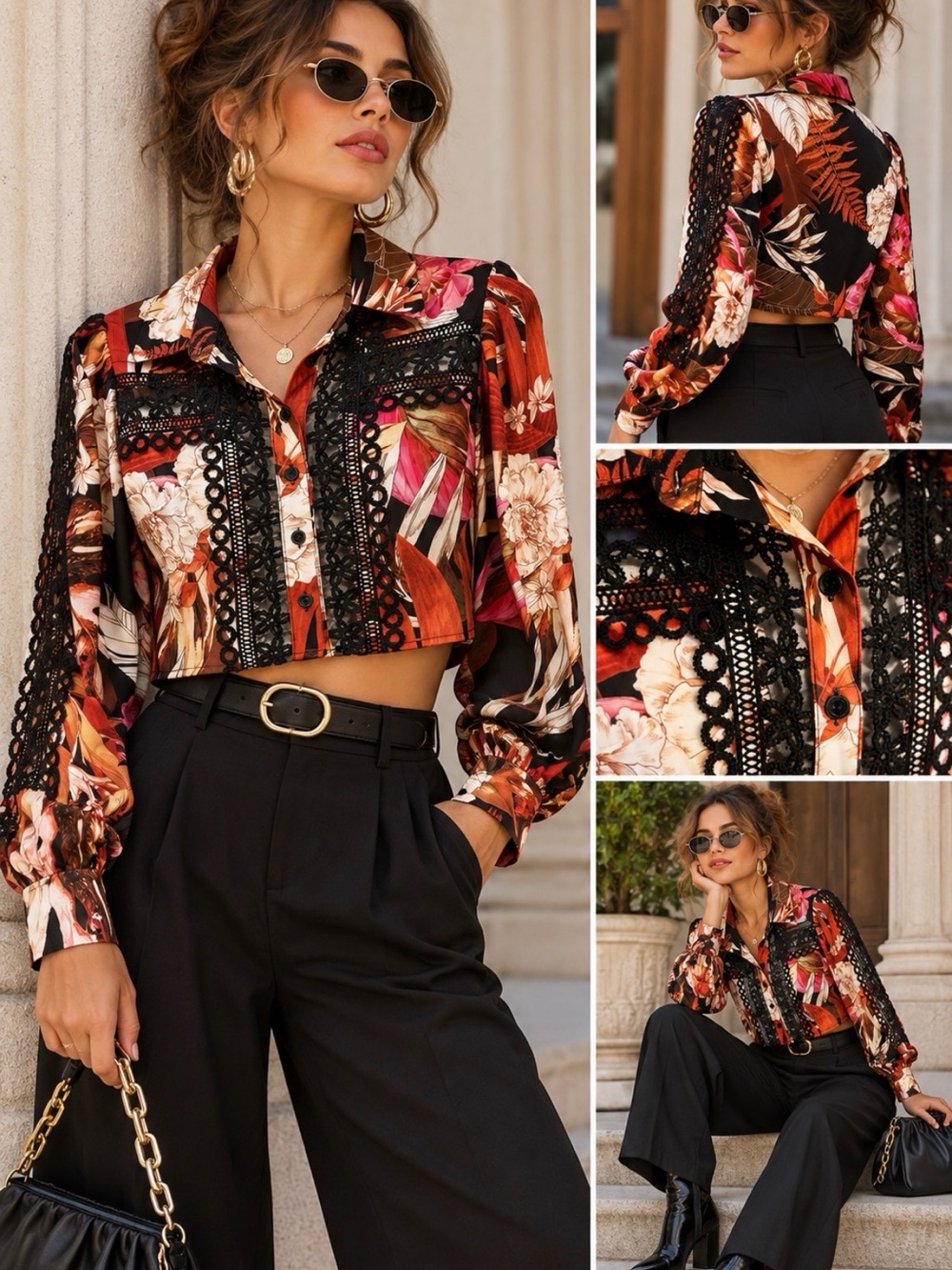 A. Peach Floral Lace-Trim Cropped Boho Blouse - Black & Rust Balloon Sleeve